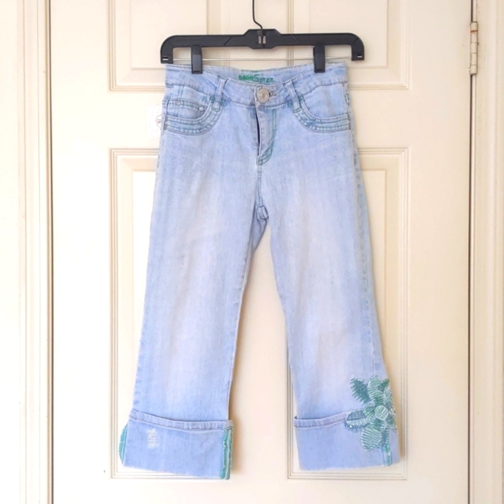 Blue Spice Cotton Blended Cropped Jeans with Crystals and Embroidery.